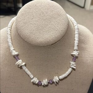 Elegant White Puka Chips and Purple Beaded Necklace